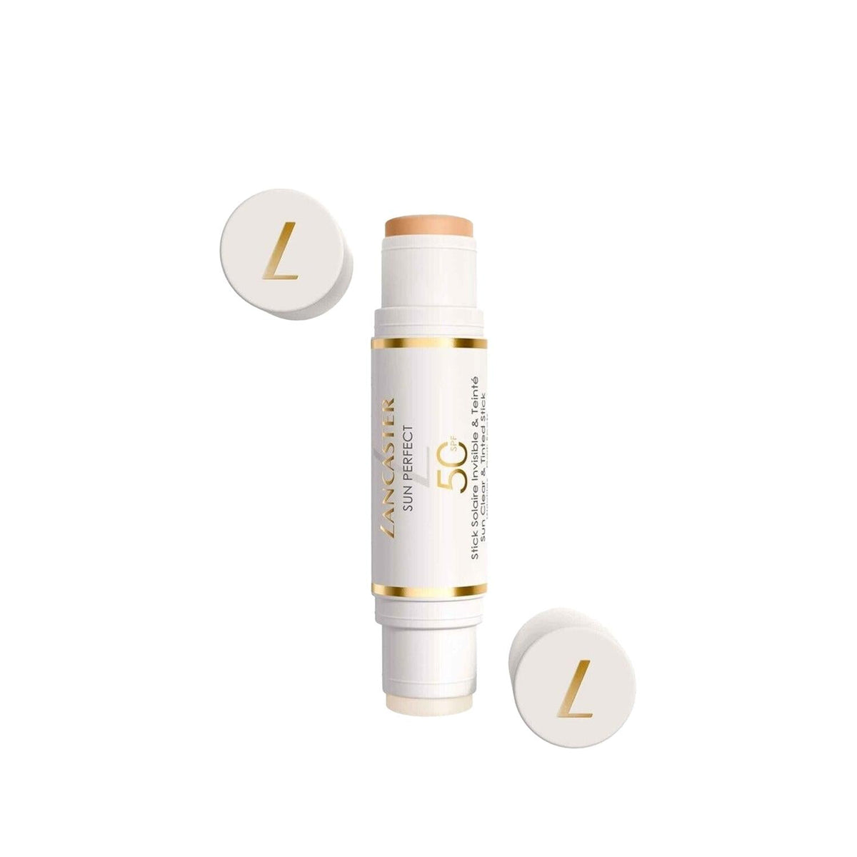 Lancaster Sun Perfect SPF50 tinted sunscreen stick with white tube and gold accents on Tampa Home & Garden Store