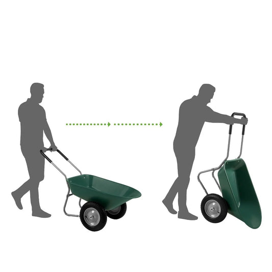 Green heavy-duty rust-proof two-wheel wheelbarrow by HomePacific, outdoor garden cart for hauling soil on Tampa Home & Garden Store