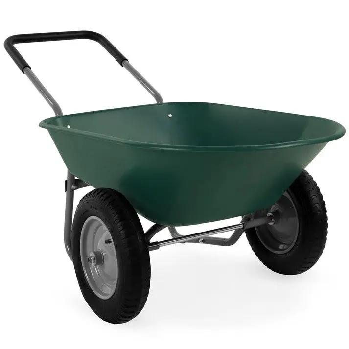 Wheelbarrow two-wheel heavy-duty rust-proof with green steel tub and metal handles on Tampa Home & Garden Store