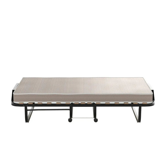 Rollaway bed with beige memory foam mattress on black metal frame with caster wheels on Tampa Home & Garden Store