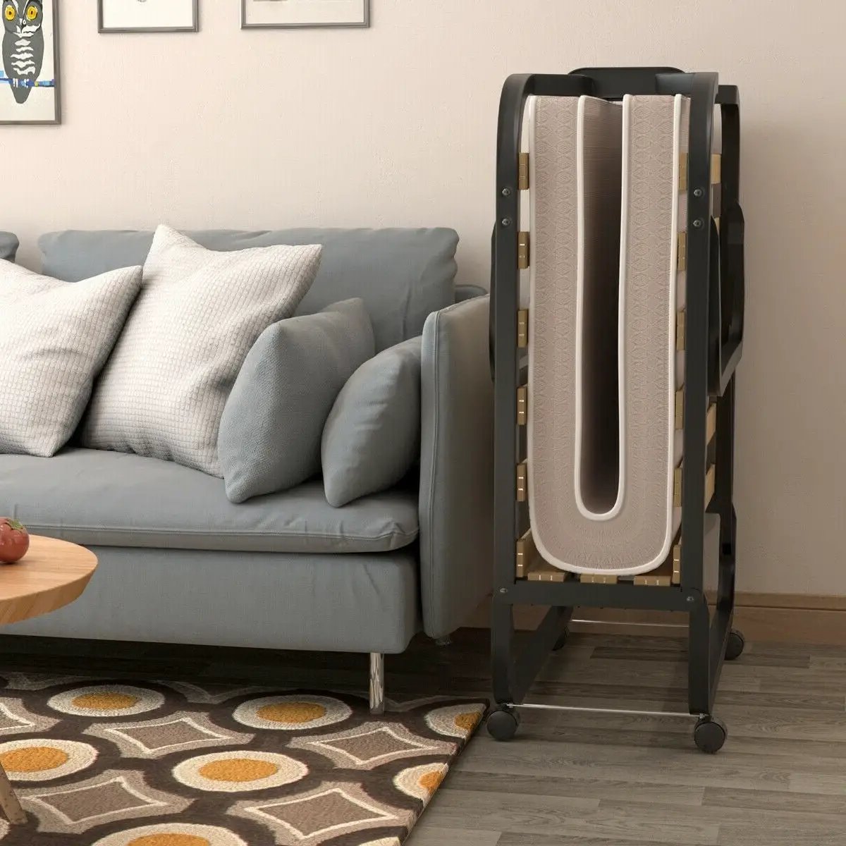 Rollaway Bed with Memory Foam Mattress by HomePacific, dark metal wheeled frame on Tampa Home & Garden Store