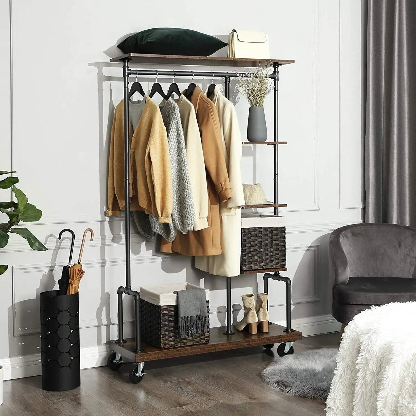Farmhouse 5 Tier Laundry Pipe Garment Closet Rack Wheels - Tampa Home & Garden Store