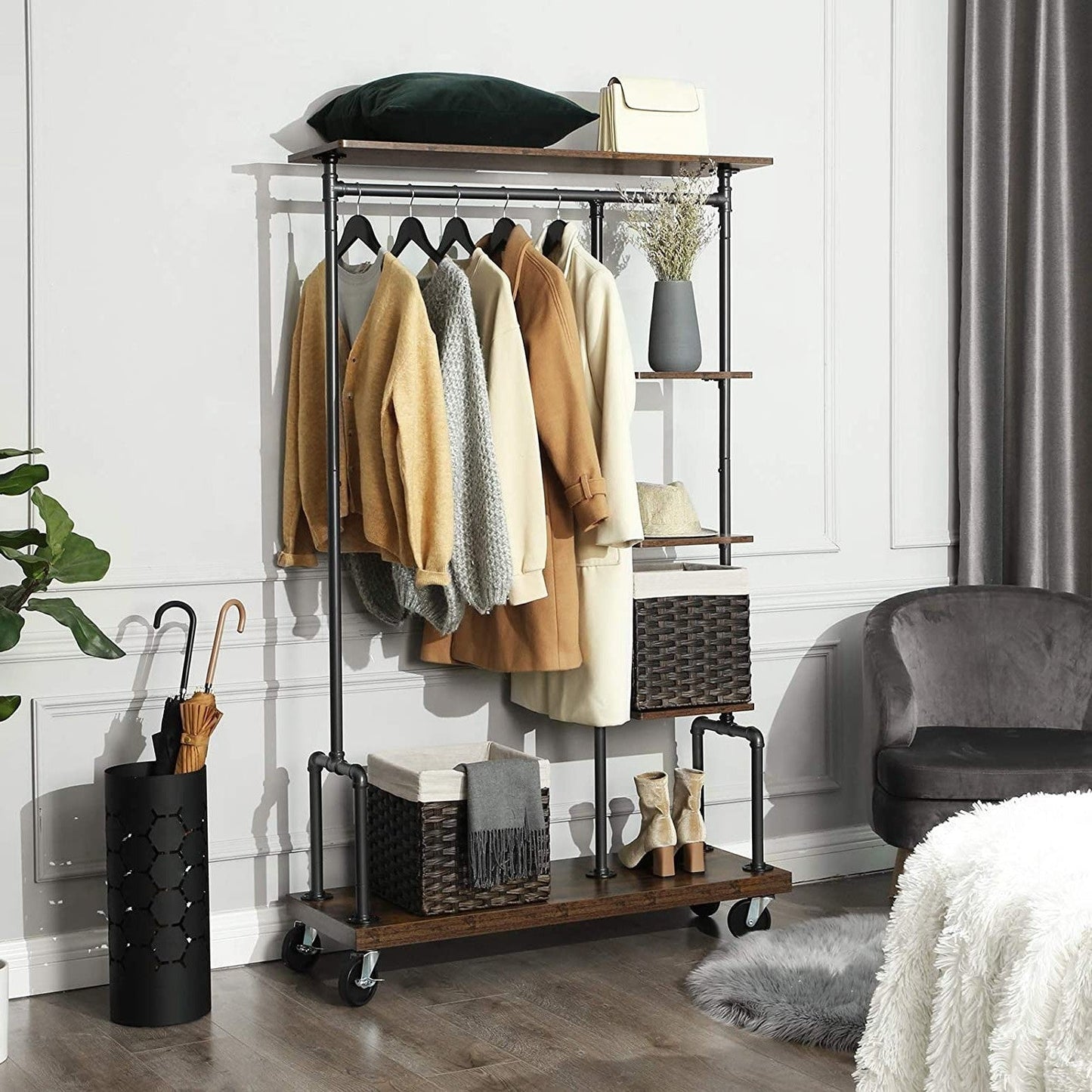 Estantería de armario con ruedas para ropa, tipo tubería industrial, de 5 niveles, estilo rústico
