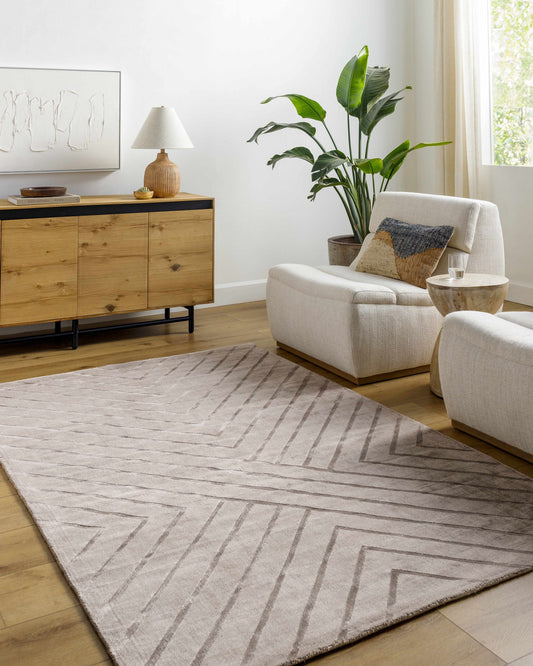 Tavran Taupe handmade area rug with subtle linear texture, viscose Boutique Rugs clearance on Tampa Home & Garden Store