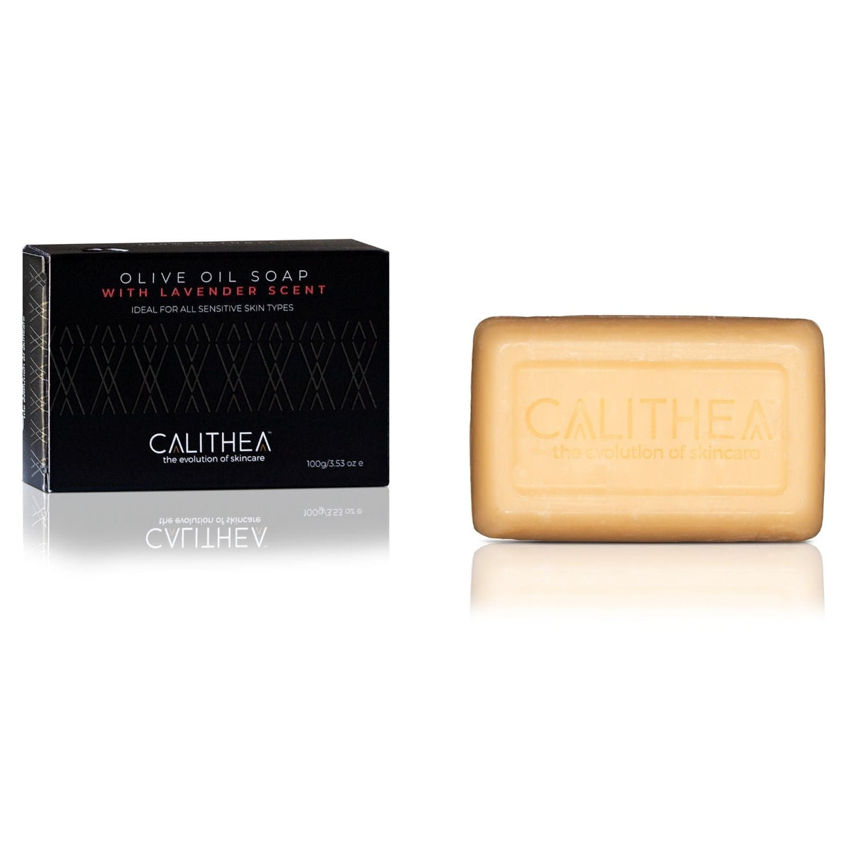 Olive oil lavender soap bar beside Calithea box; beige soap and black packaging, 100 g on Tampa Home & Garden Store