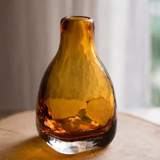 Amber handblown glass bottle vase by RusticReach, teardrop shape with rich amber hue on Tampa Home & Garden Store