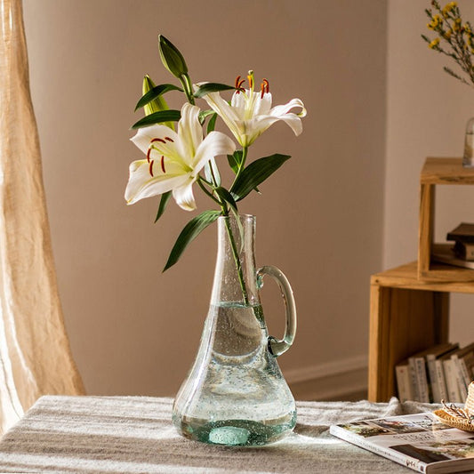 Bubble glass kettle vase by RusticReach, 13 inches tall, clear with water and white lilies on Tampa Home & Garden Store