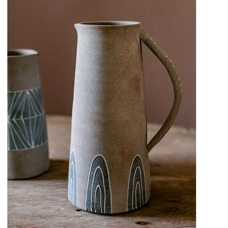Blue Handpainted Terracotta Vase Jar RusticReach tall slim with curved handle two vases visible on Tampa Home & Garden Store
