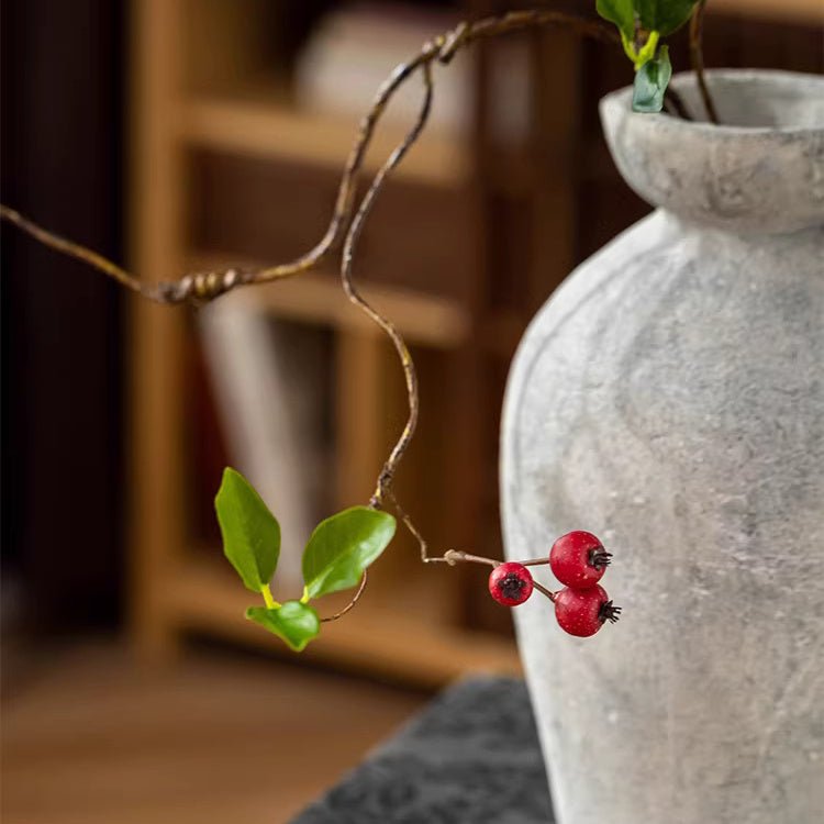 Faux Berry Leaf Branch Stem 45.2" tall with red berries and green leaves in a weathered gray vase on Tampa Home & Garden Store