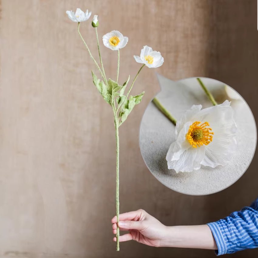 RusticReach faux silk white poppy stem, 22 in tall, multiple blooms with yellow centers on Tampa Home & Garden Store