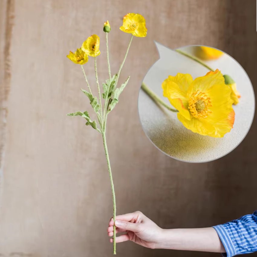 Silk Common Poppy Flower Stem 22in tall, yellow artificial blossoms, single stem decorative flowering plant on Tampa Home & Garden Store