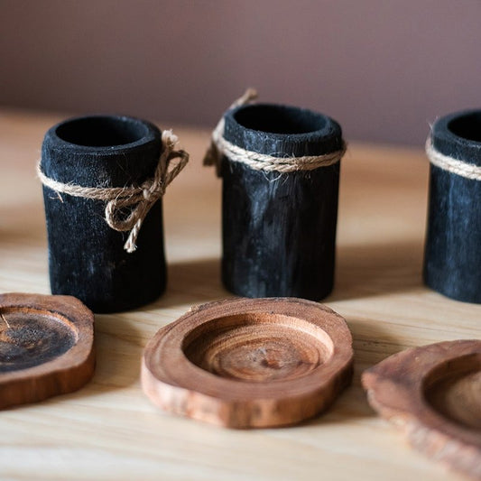 Desktop charcoal planter wood tray with black cylindrical pots wrapped in twine RusticReach on Tampa Home & Garden Store