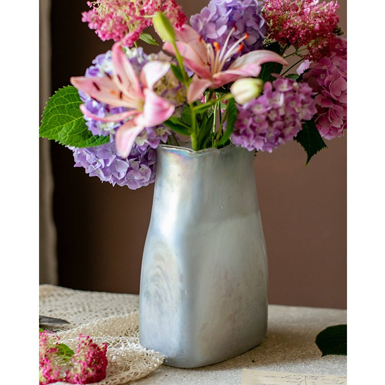 Gradient color art glass vase by RusticReach with pink lilies and purple hydrangeas on Tampa Home & Garden Store