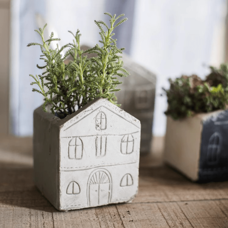 Two TinyHome Clay Planters by RusticReach, cream house-shaped ceramic pots with succulents on Tampa Home & Garden Store