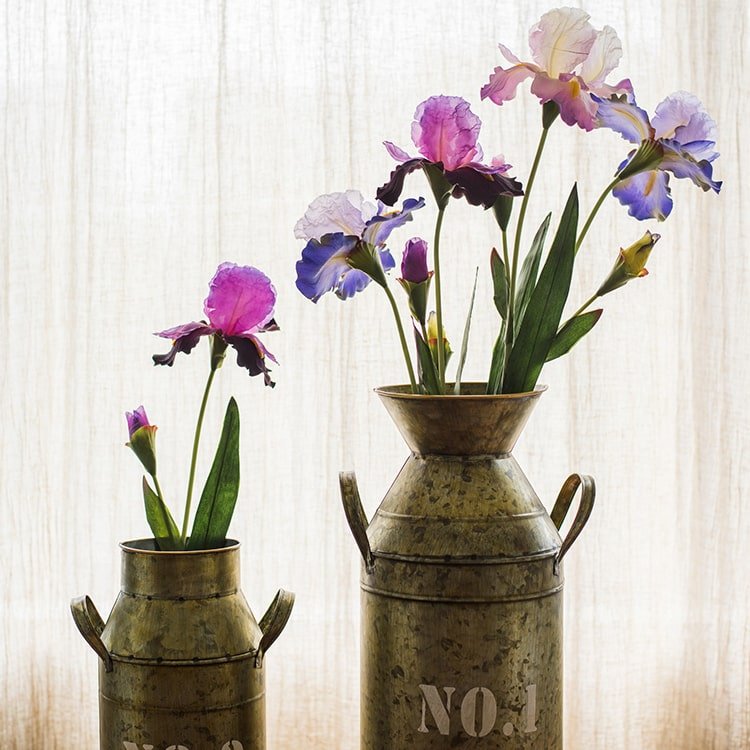 Faux iris flower stem 31.5 in tall silk rustic metal milk can vases, two stems RusticReach on Tampa Home & Garden Store