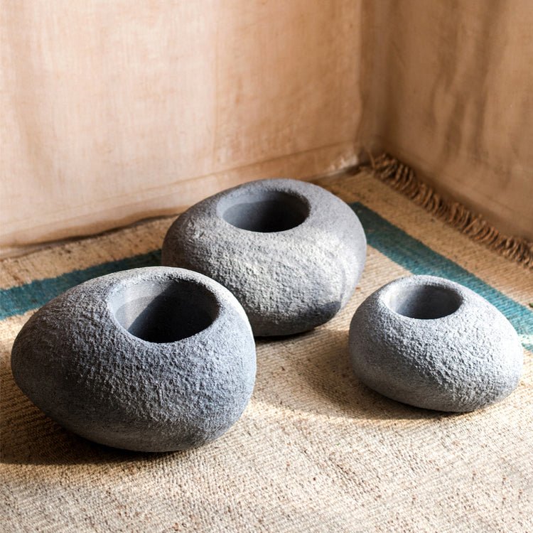 Japanese Zen Style Gray Stone Flowerpot trio with hollow centers and rough pebble texture on Tampa Home & Garden Store