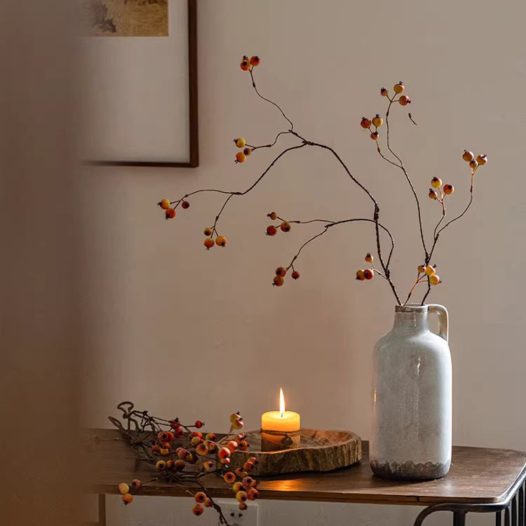 Leafless Berry Branch Stem, two berry stems in a gray ceramic bottle vase, RusticReach on Tampa Home & Garden Store