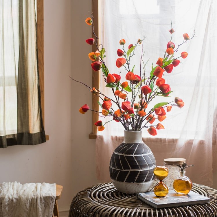 Artificial Makino Fruit Stem silk plant orange-red, 39-inch tall RusticReach in a gray vase on Tampa Home & Garden Store