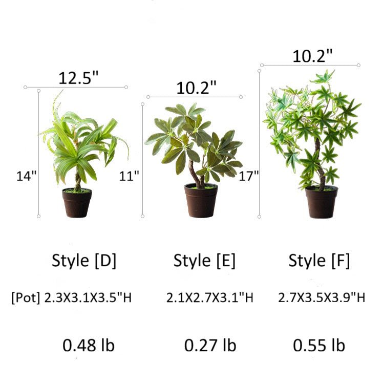 Mini faux potted green plant trio; RusticReach artificial non-flowering plants styles D, E, F on Tampa Home & Garden Store