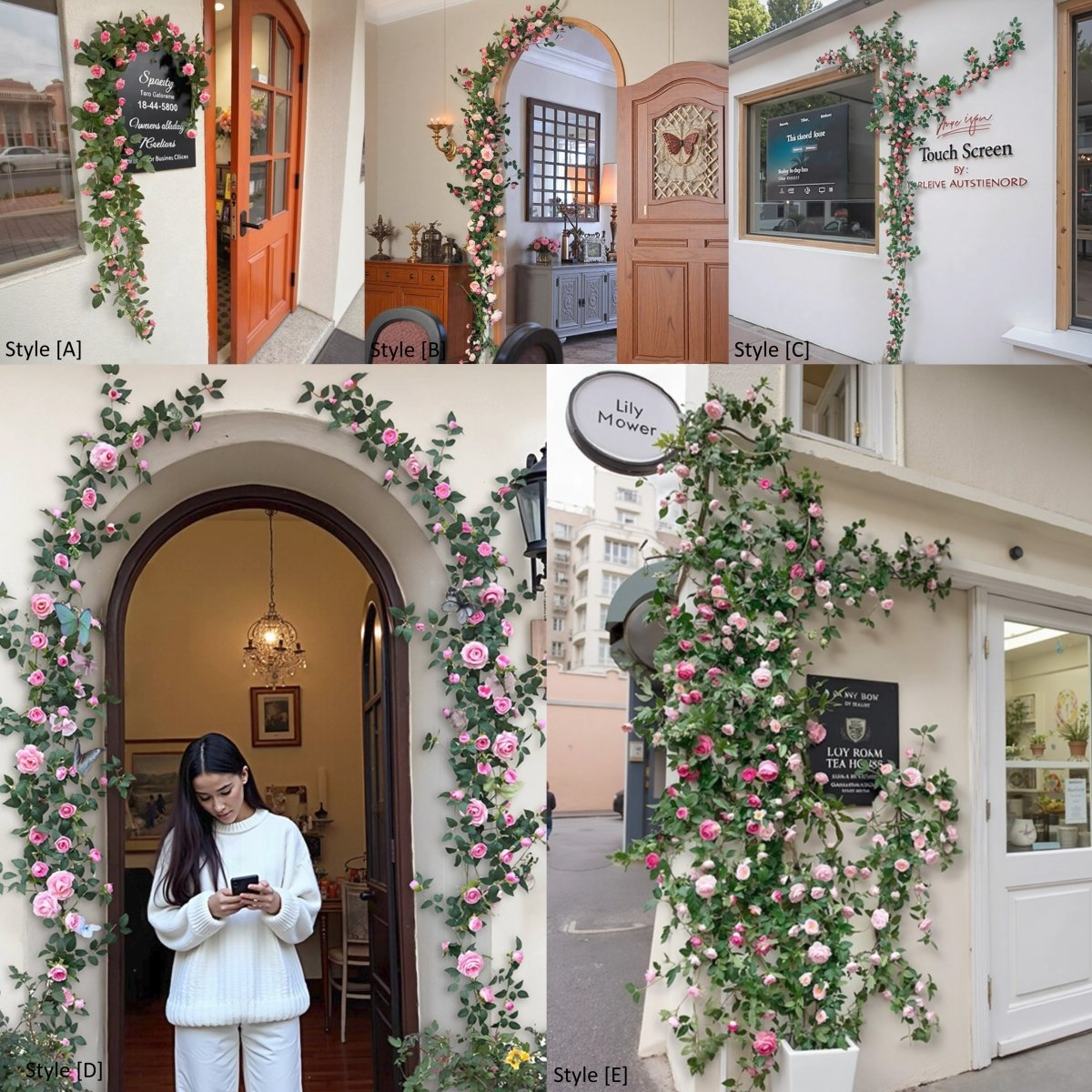 Pink rose artificial climbing vines for outdoor events, RusticReach, shown in five styles A–E on Tampa Home & Garden Store