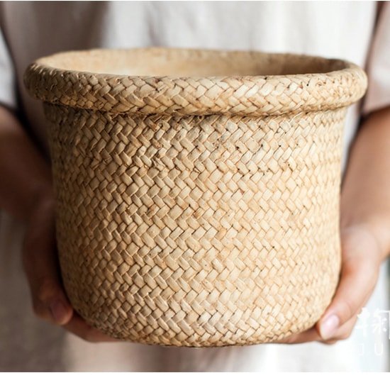 RusticReach straw basket style concrete planter in natural tan woven texture on Tampa Home & Garden Store