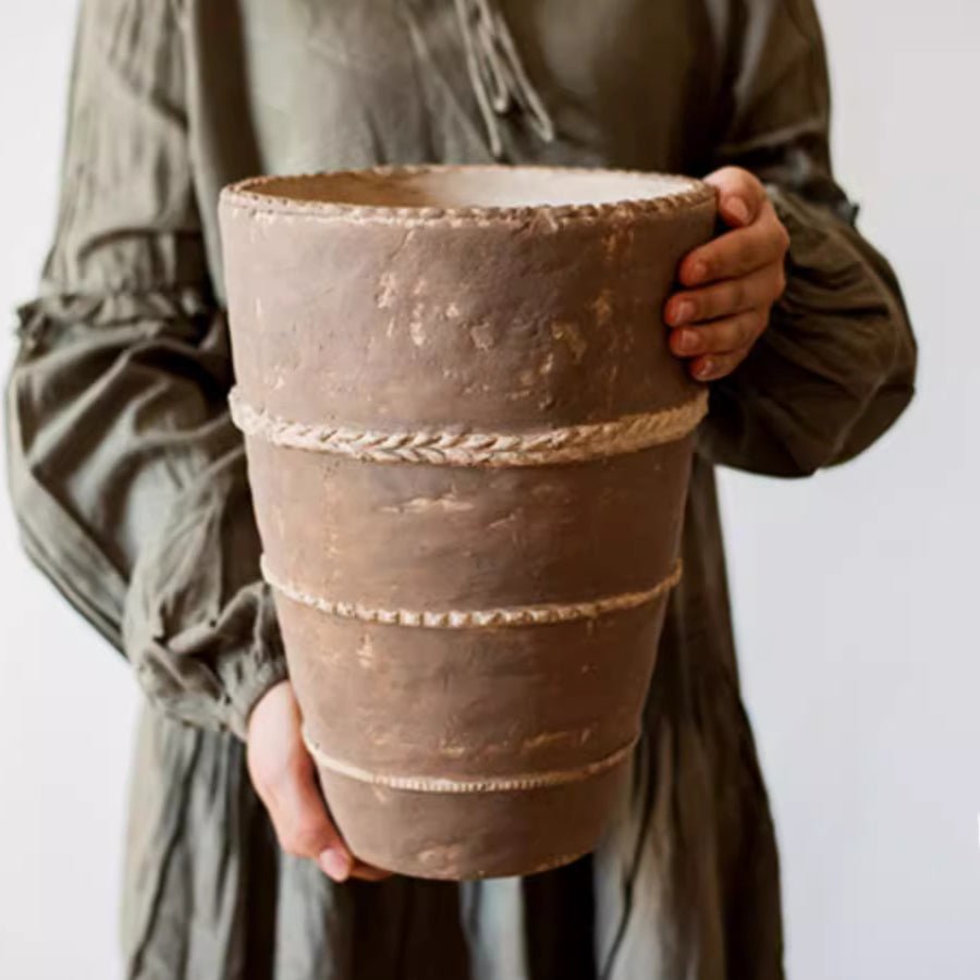 Tasha Red Terracotta Planter by RusticReach, tall tapered pot with rope trim on Tampa Home & Garden Store