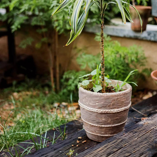 Tasha Red Terracotta Planter with rope-wrapped bands for rustic texture on Tampa Home & Garden Store