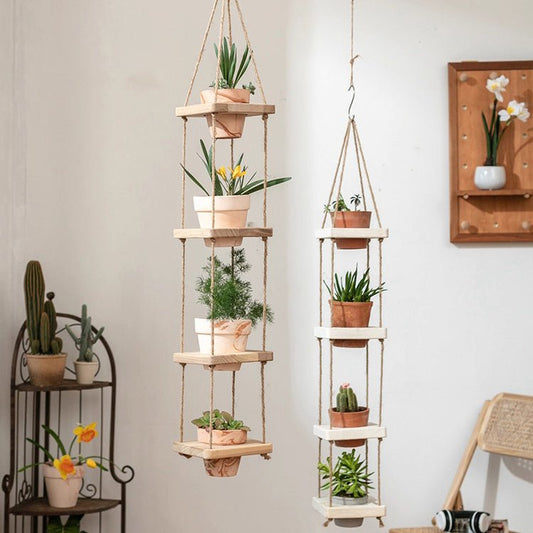 RusticReach wooden rope hanging plant shelves with potted planters, wood finish, two sets on Tampa Home & Garden Store