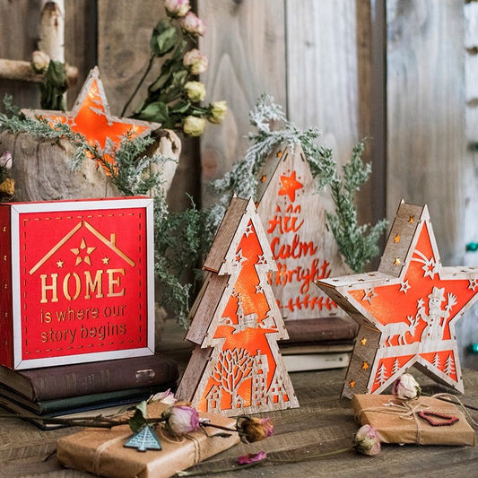 Christmas decorative light box in red by RusticReach with wooden star and tree silhouettes on Tampa Home & Garden Store