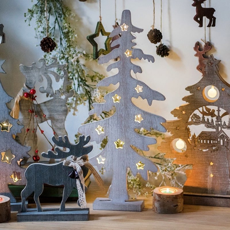Christmas Desktop Decoration Figurines in Wood by RusticReach with star-cut trees and reindeer on Tampa Home & Garden Store