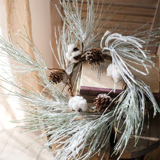 Christmas faux snow pine needle wreath with pinecones and cotton clusters RusticReach on Tampa Home & Garden Store