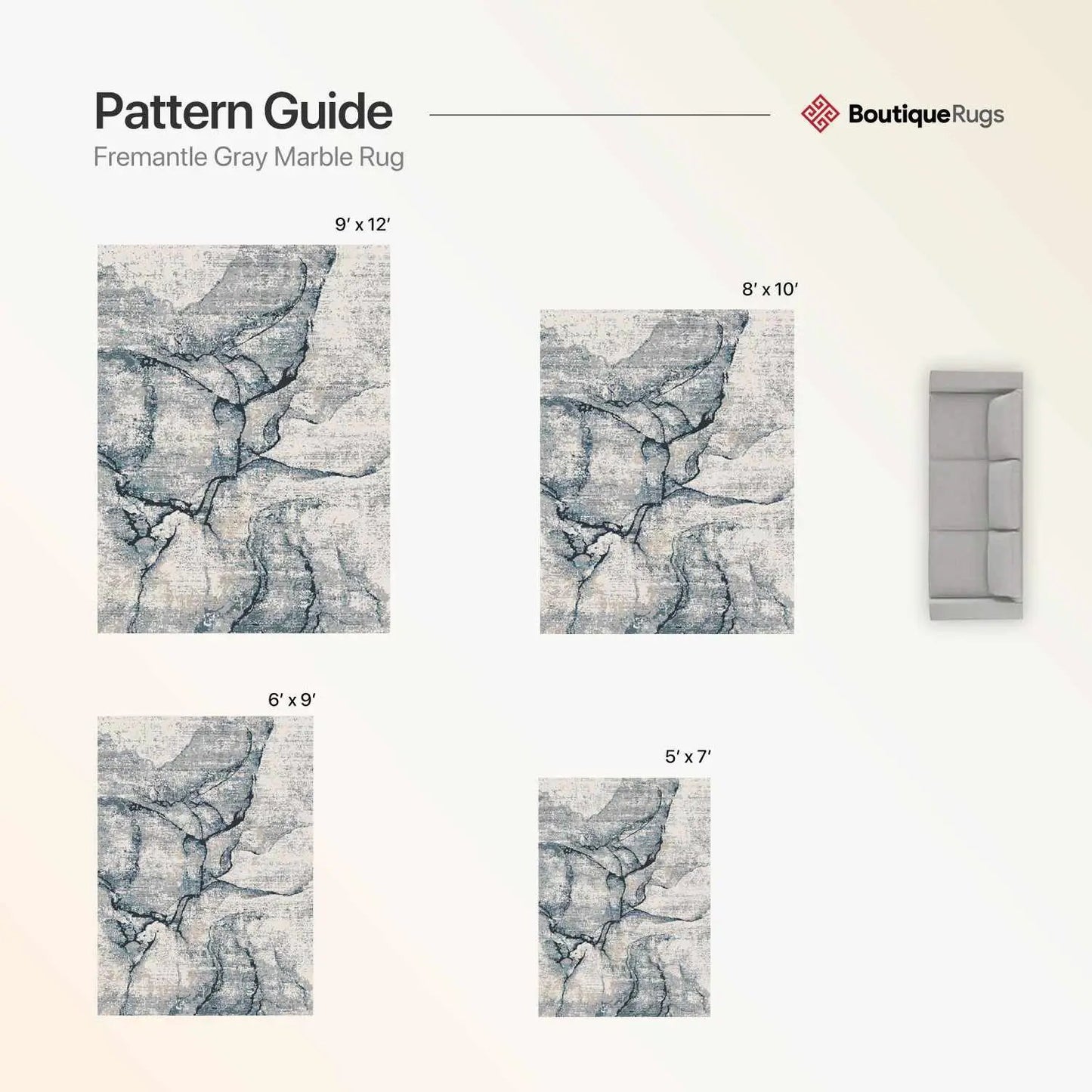 Fremantle Gray Marble Rug pattern guide by Boutique Rugs showing 9' x 12', 8' x 10', 6' x 9' and 5' x 7' layouts in gray marble texture on Tampa Home & Garden Store