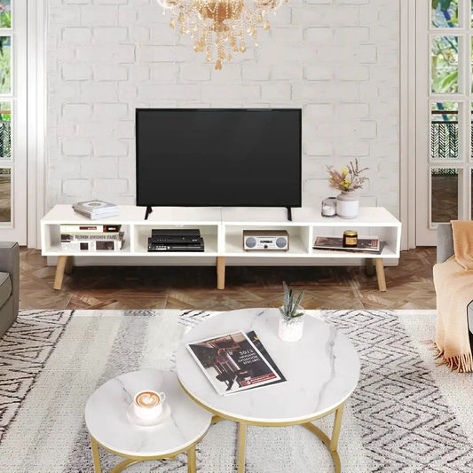 Modern Mid-Century TV Stand in white with wood legs and open media cubbies for TVs on Tampa Home & Garden Store