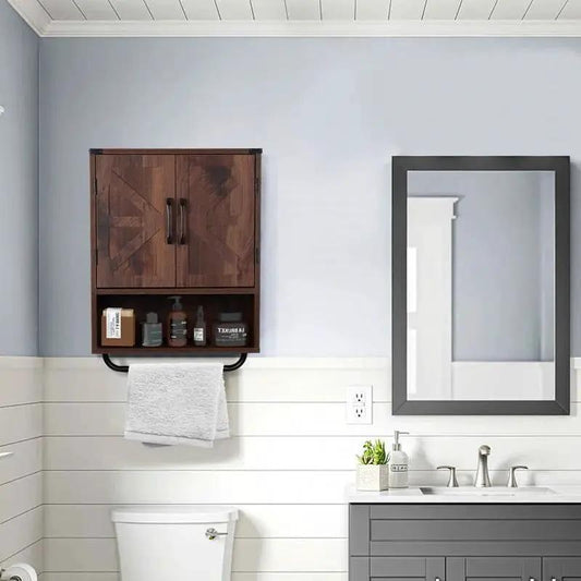 Farmhouse bathroom wall cabinet with towel bar, brown wood finish, wall-mounted above toilet on Tampa Home & Garden Store