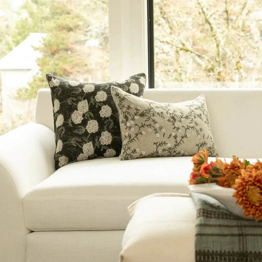 Jameera Floral Throw Pillow Cover Olive on Natural beige botanical pattern White Cliff Studio on Tampa Home & Garden Store