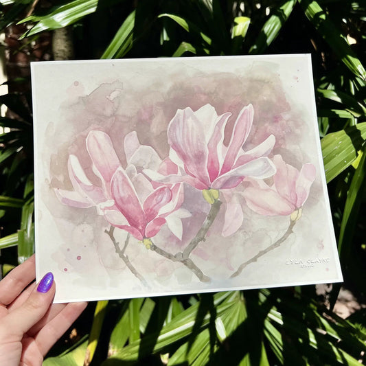 Japanese Magnolia Art Print on archival paper, pink watercolor magnolias by Lyla Clayre Studio on Tampa Home & Garden Store