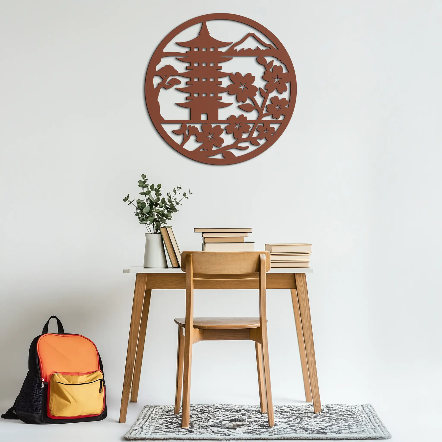Japanese Pagoda and Sakura wall art, round rust-colored metal sculpture for garden on Tampa Home & Garden Store