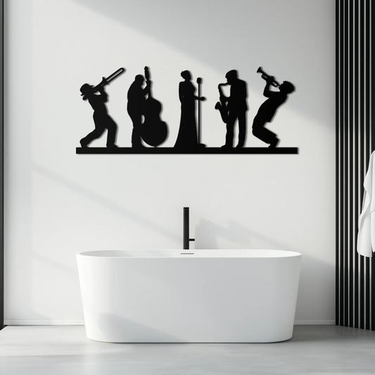 Jazz Band Metal Wall Art black silhouette of musicians with sax and trumpet on white wall on Tampa Home & Garden Store