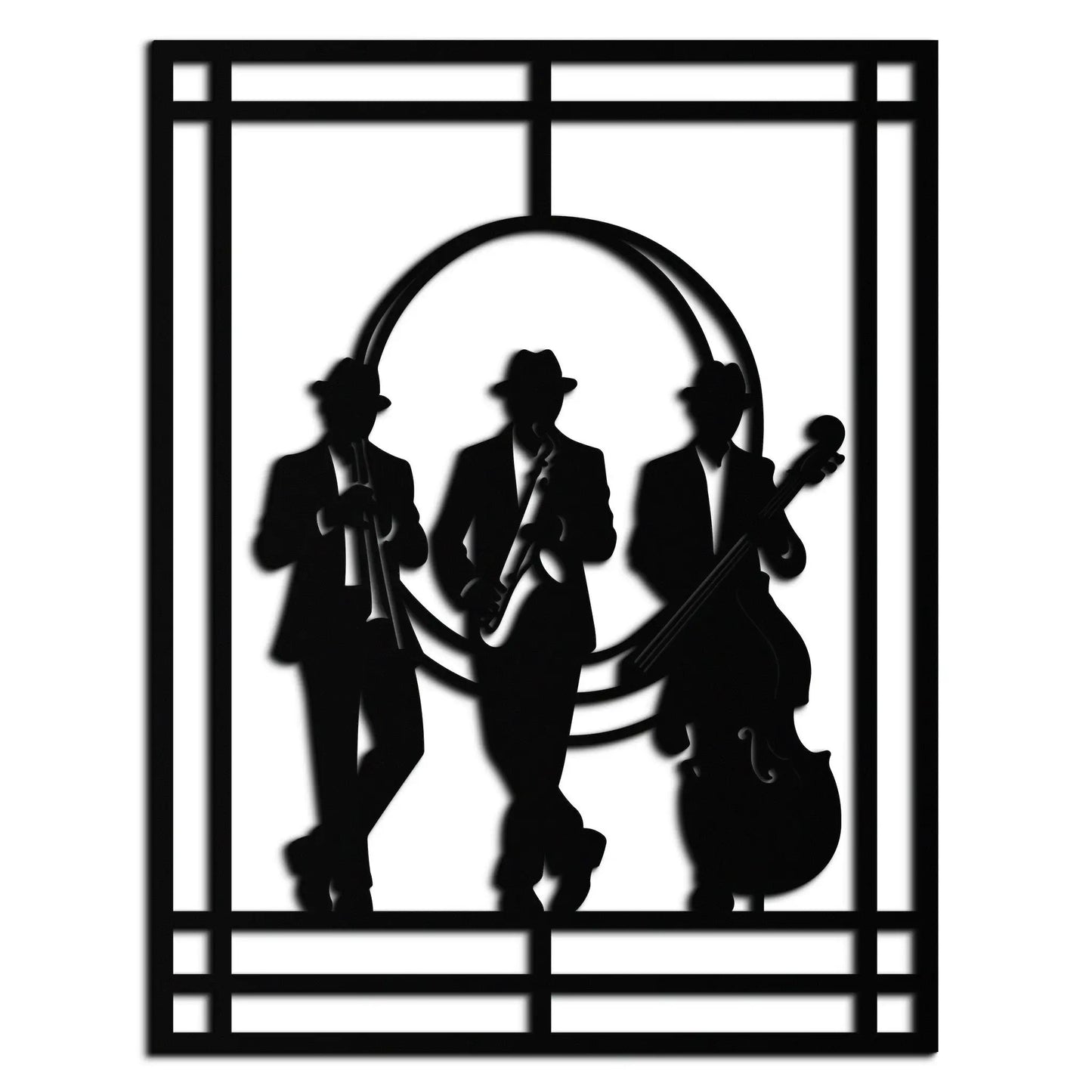 Jazz Musicians Metal Wall Art silhouettes of saxophonist and trumpeter in a black frame by Enova Art on Tampa Home & Garden Store