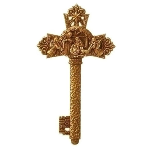 Gold-tone Jesus Is Born nativity cross key ornament with textured shaft Country Christmas Loft on Tampa Home & Garden Store
