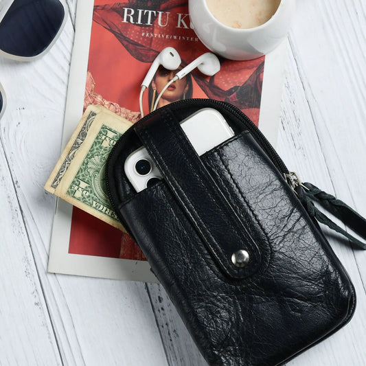 Jet-Set Organizer Leather Phone Pouch in black with zipper on Tampa Home & Garden Store