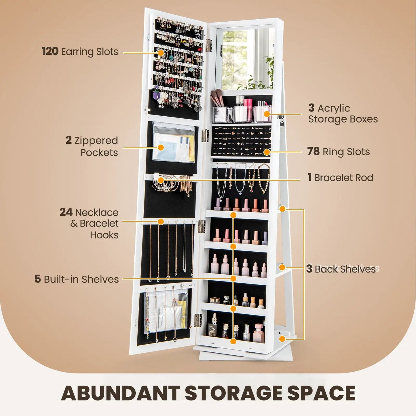 360 Degree Swivel Jewelry Armoire With Mirror opens to show earring and ring slots DirectDeals on Tampa Home & Garden Store