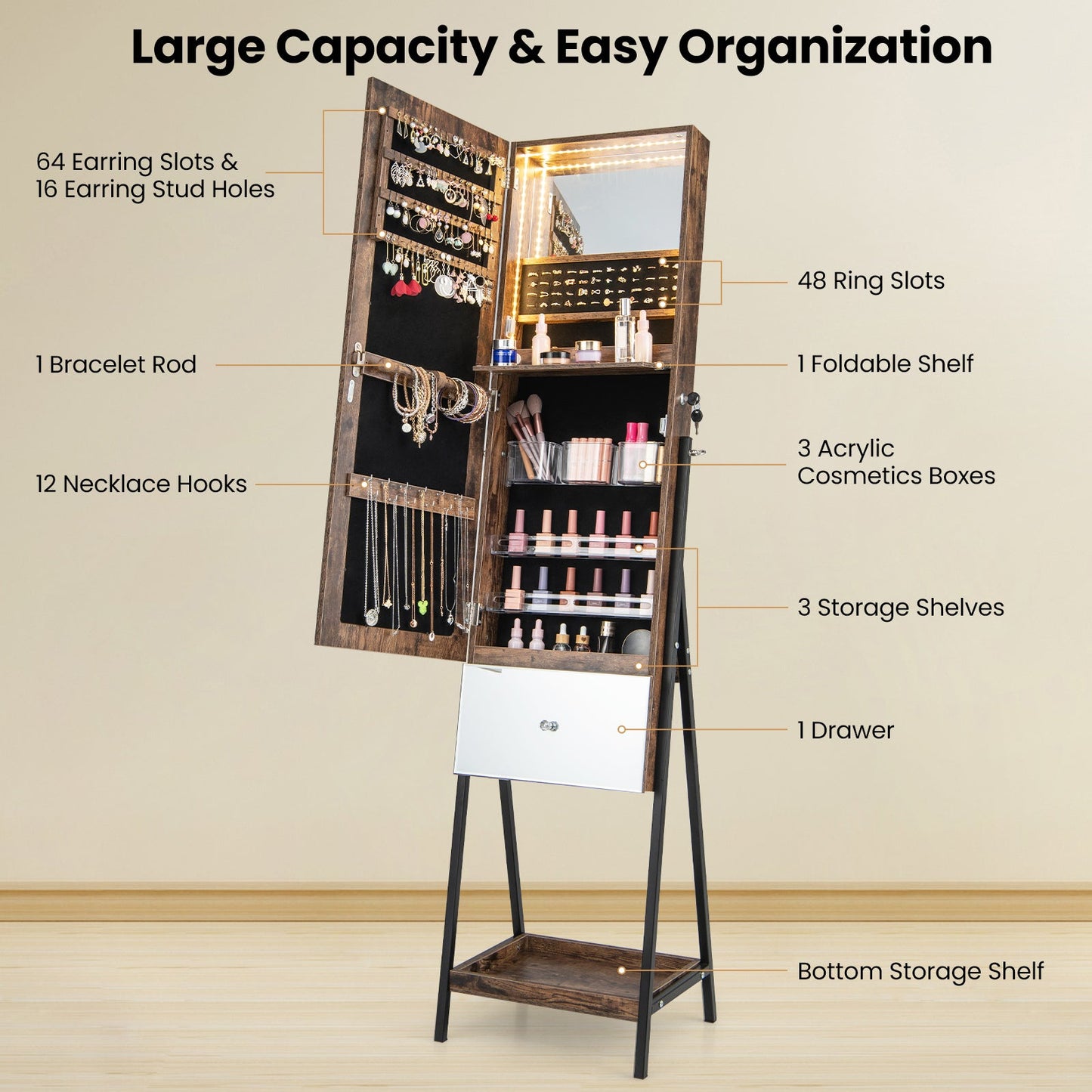 Lockable freestanding jewelry armoire with frameless mirror in brown wood DirectDeals on Tampa Home & Garden Store