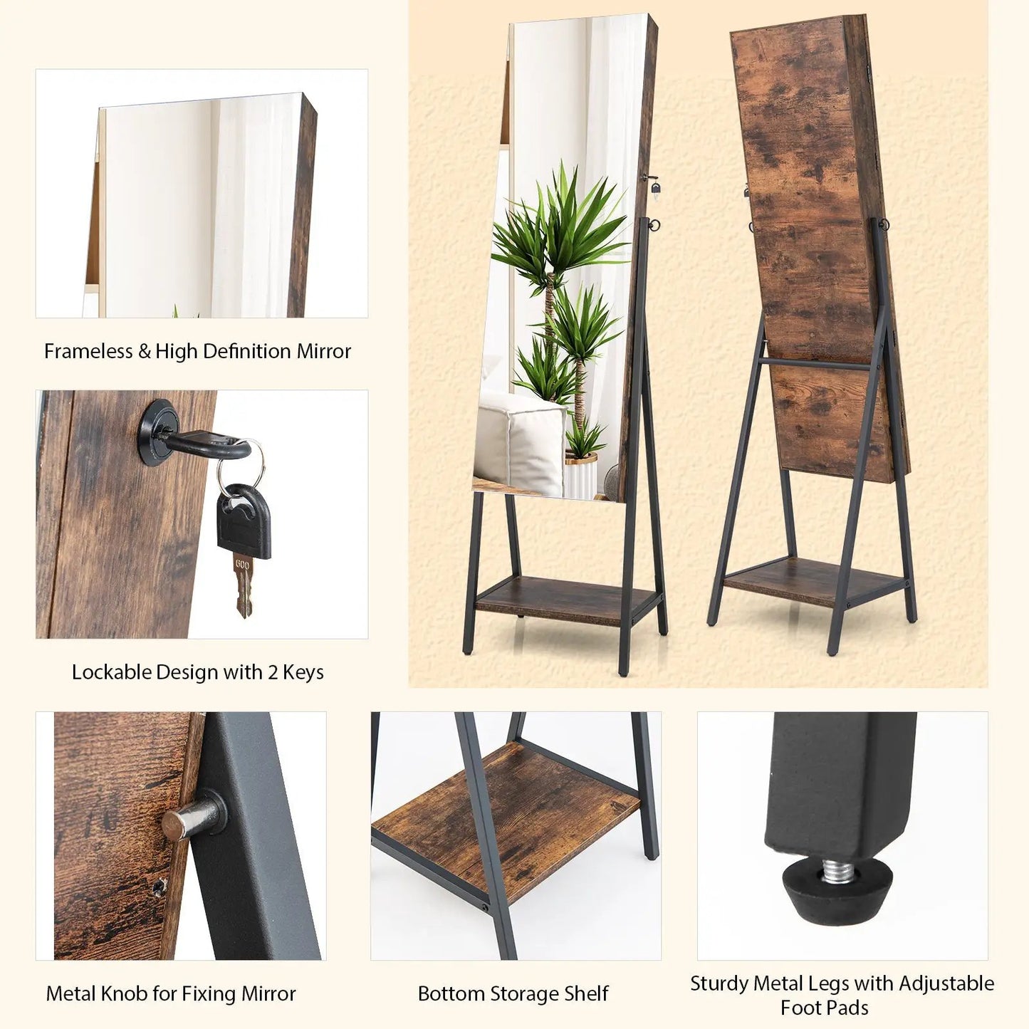 Pair of freestanding jewelry cabinets with mirrors in brown wood and black metal frames DirectDeals on Tampa Home & Garden Store