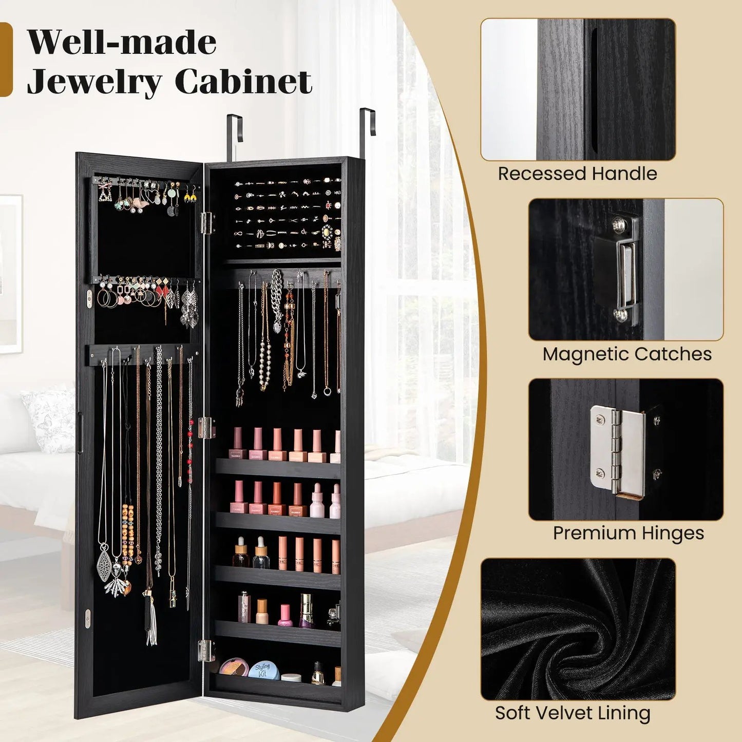 Jewelry cabinet armoire in black with full-length mirror, wall or door mounted DirectDeals on Tampa Home & Garden Store