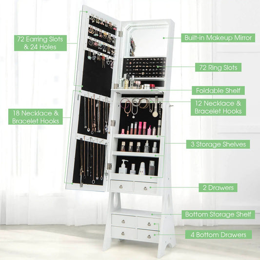 LED mirrored jewelry armoire with 6 drawers, white finish, built-in makeup mirror, DirectDeals on Tampa Home & Garden Store