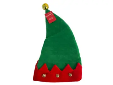 Adult green elf hat with red jagged brim and gold bells by The Country Christmas Loft on Tampa Home & Garden Store