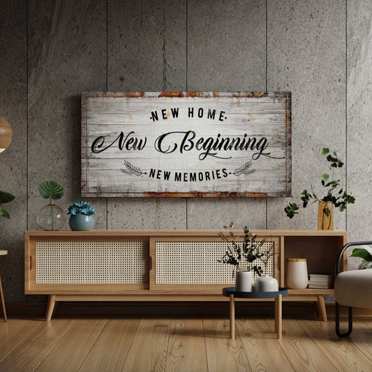 New Home, New Beginning Sign canvas by Tailored Canvases with rustic wood panel look on Tampa Home & Garden Store