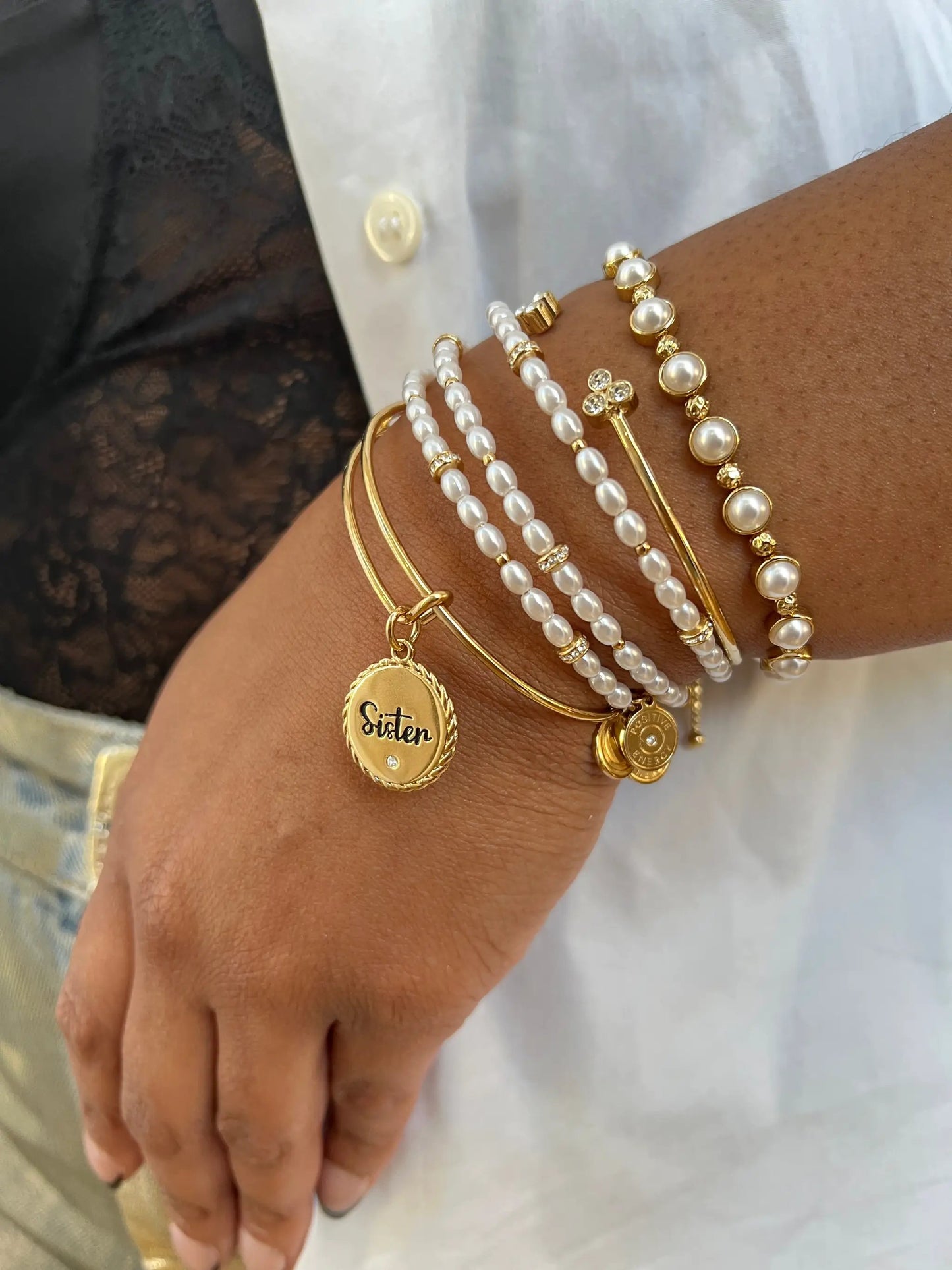 Freshwater Pearl Bracelet by ALEX AND ANI in gold-tone with pearl beads on Tampa Home & Garden Store