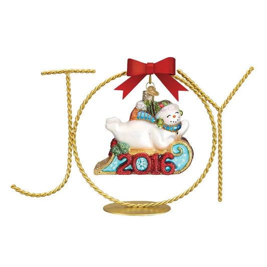 Joy Ornament Stand with Gold Braided Display JOY, red bow top and 2016 snowman ornament on Tampa Home & Garden Store